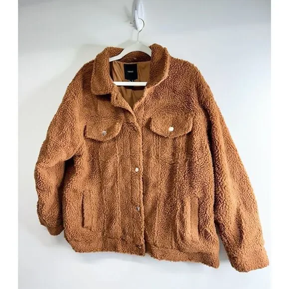 Forever21 Teddy Jacket Womens Size Large Brown Buttoned Front Pockets‎ - Picture 4 of 6